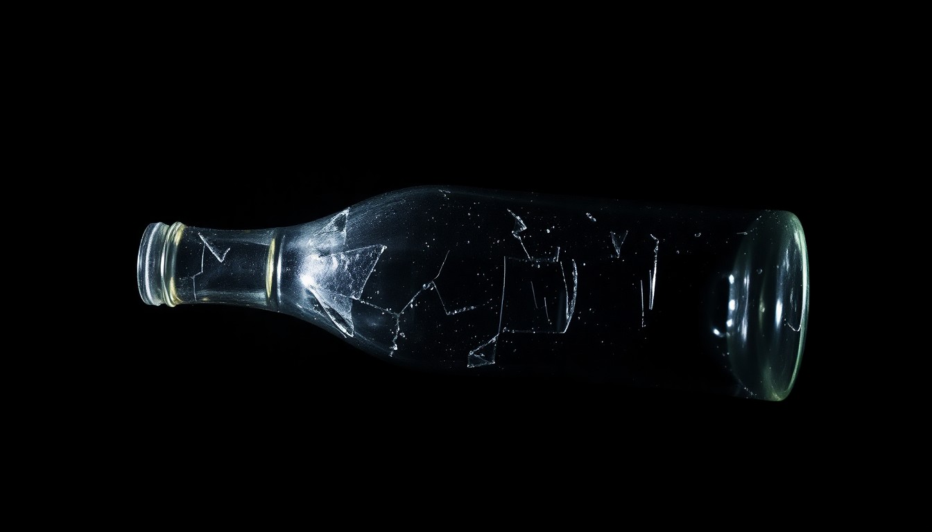 An extreme close-up photograph of a broken glass bottle, the shards and jagged edges dramatically illuminated by a harsh camera flash against a pitch-black background, conceptually representing the violent nature of the bar fight incident.