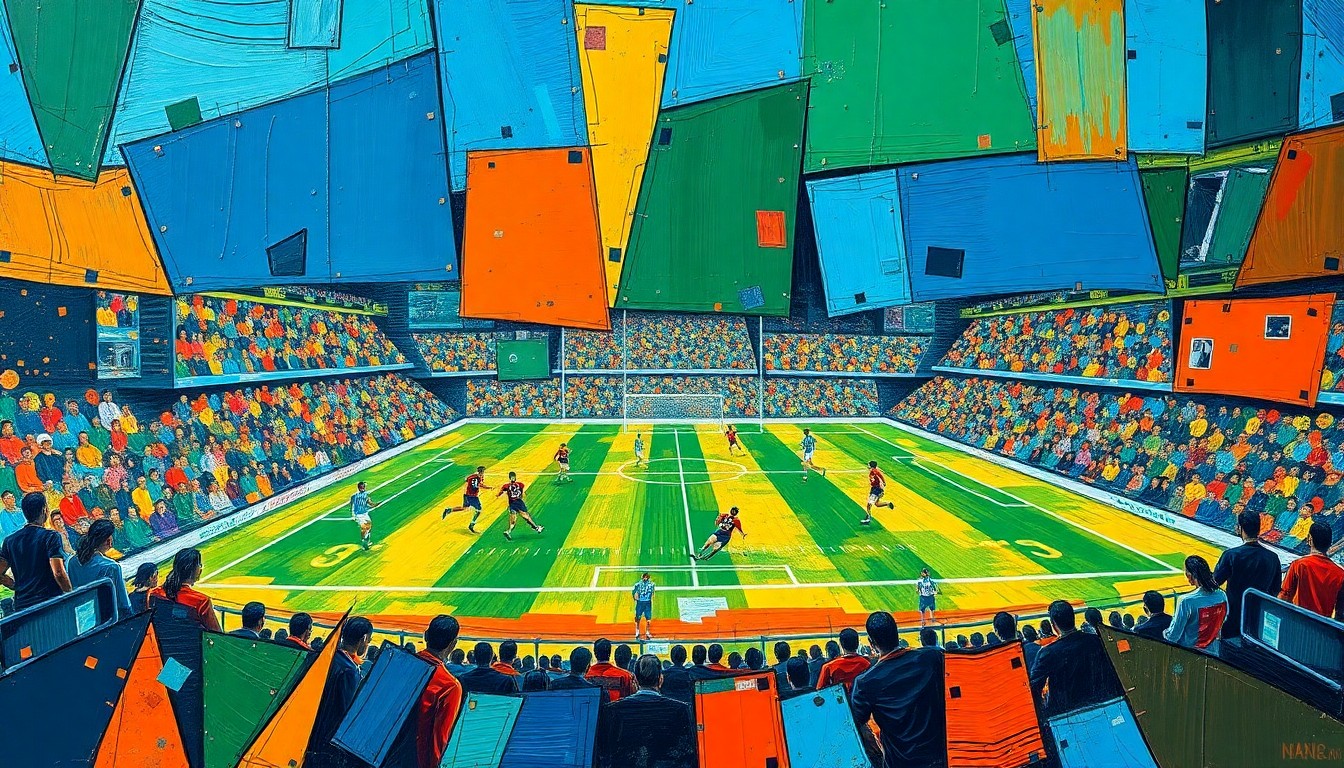 A cubist-style painting featuring fragmented, overlapping geometric shapes in shades of blue, green, and orange, conceptually representing the dynamic action and energy of a football game.