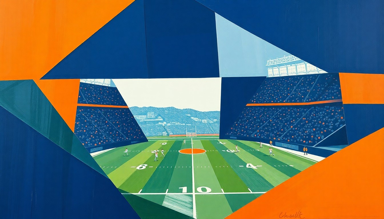 A cubist, geometric painting depicting a fragmented football game scene, with sharp, overlapping shapes in navy blue, orange, and white, conveying the strategic deconstruction of the Broncos' offense.