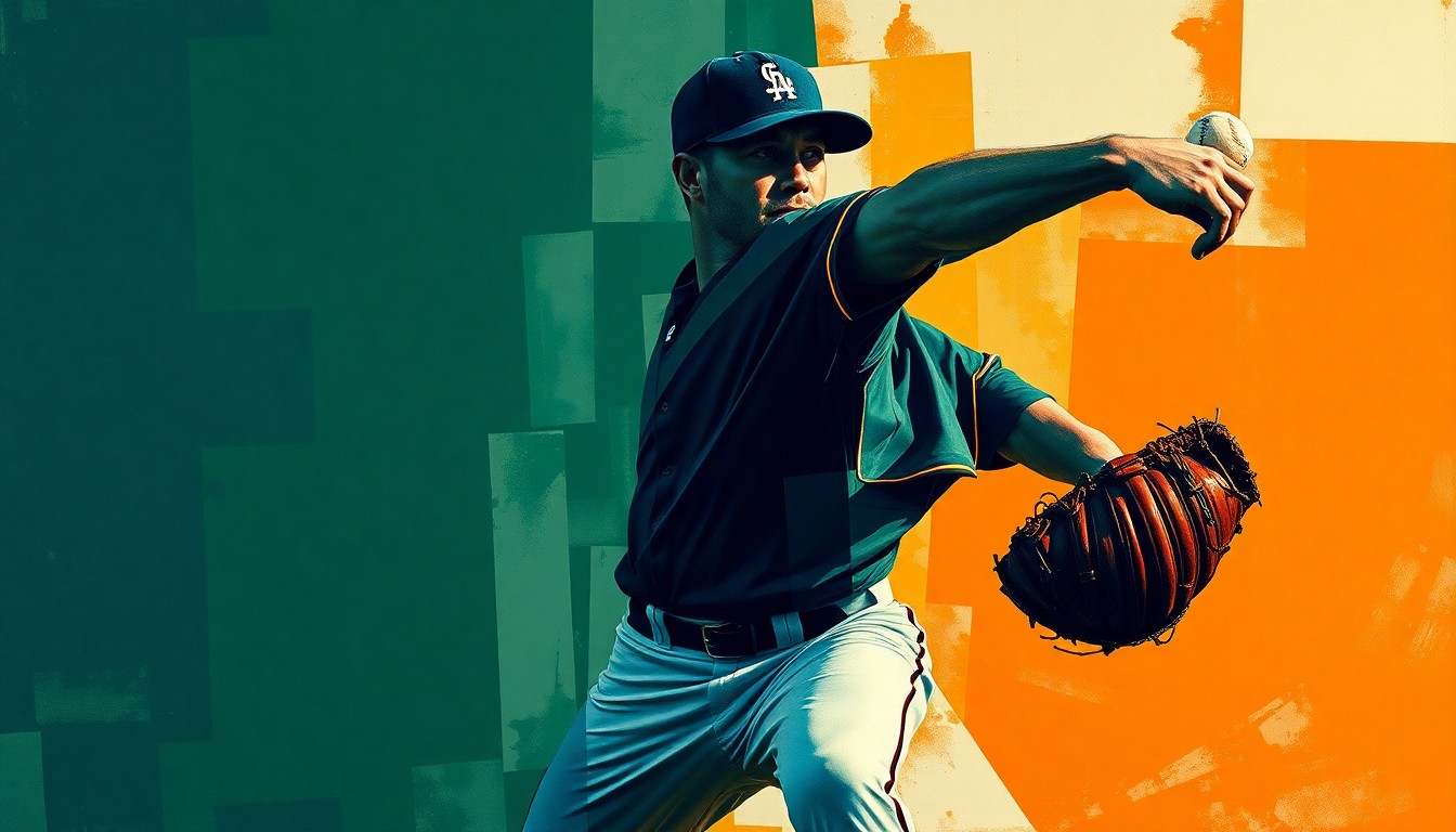 A cubist, geometric illustration depicting a baseball pitcher's delivery broken down into overlapping planes of navy, green, and orange, conveying the fragility of the Red Sox's pitching depth.