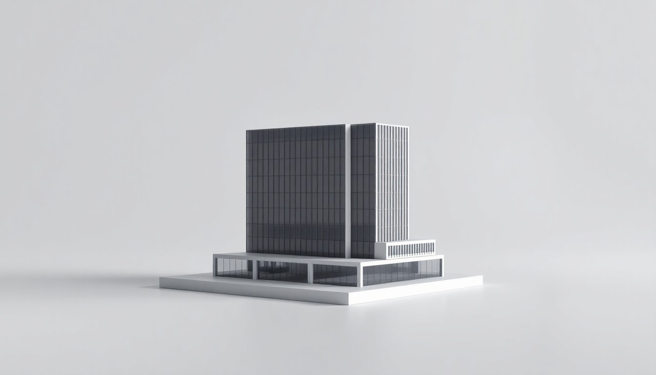 A sleek, geometric model of a modern office building or technology campus, rendered in photorealistic detail on a clean, monochromatic background, symbolizing the city's efforts to foster economic growth through real estate development.