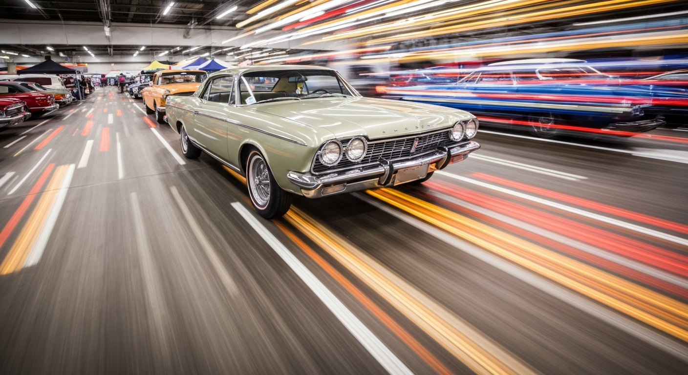 A blurred, abstract image of a classic car on display, with streaks of bright colors representing the energy and motion of the automotive event.
