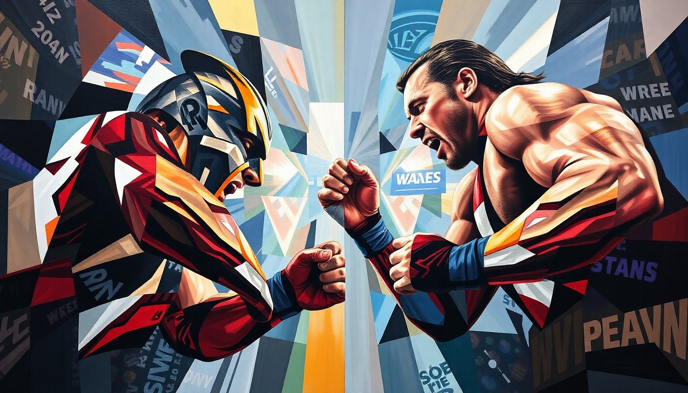 A cubist, geometric painting depicting the chaotic conclusion of the WrestleMania 42 main event, with overlapping planes and shapes representing the physical toll on Cody Rhodes.