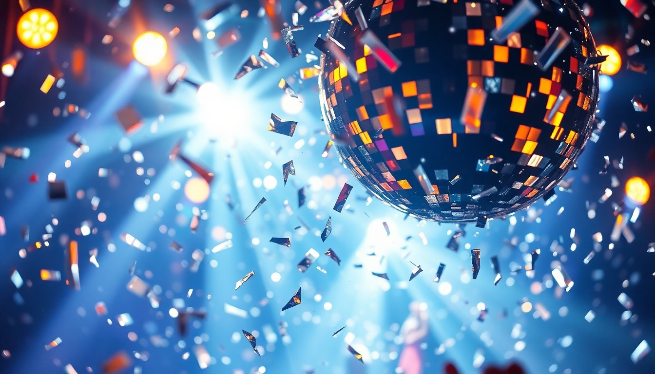 An abstract close-up photograph of glittering, reflective shards of a disco ball, capturing the glamour and energy of a major music festival performance.