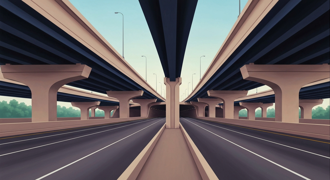 A highly stylized, geometric illustration depicting the towering overpasses and tunnels of the Atlanta highway system, rendered in smooth, airbrushed gradients of blues, grays, and yellows to capture the grand scale and infrastructure of this vital transportation artery.
