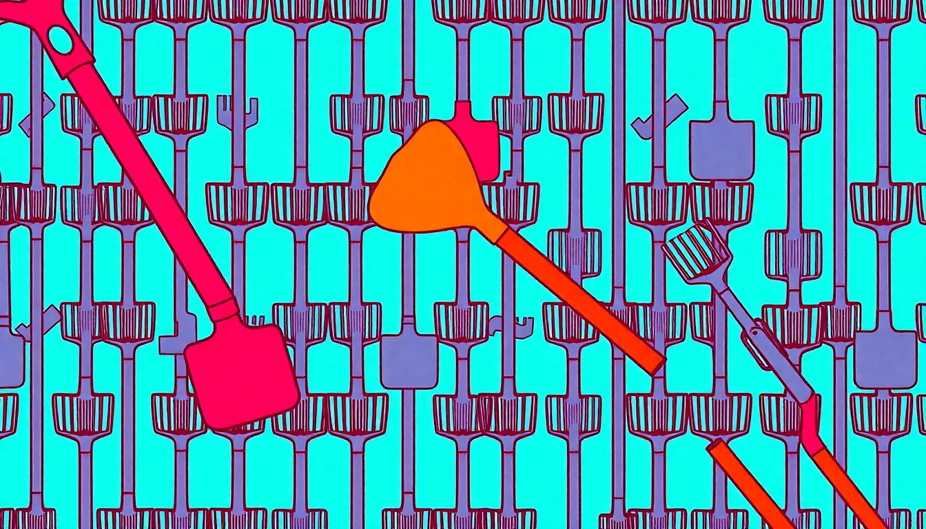 A highly stylized, silkscreen-inspired illustration featuring a repeating pattern of a gardening tool like a rake or shovel in vibrant neon colors, conceptually representing the collaborative effort behind the Forster Street Cleanup event.