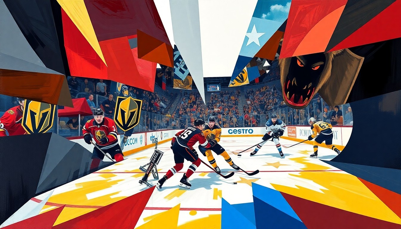 A fractured, cubist-style painting depicting the action and movement of a hockey game, with the players' uniforms and equipment broken down into sharp geometric shapes and planes of color.
