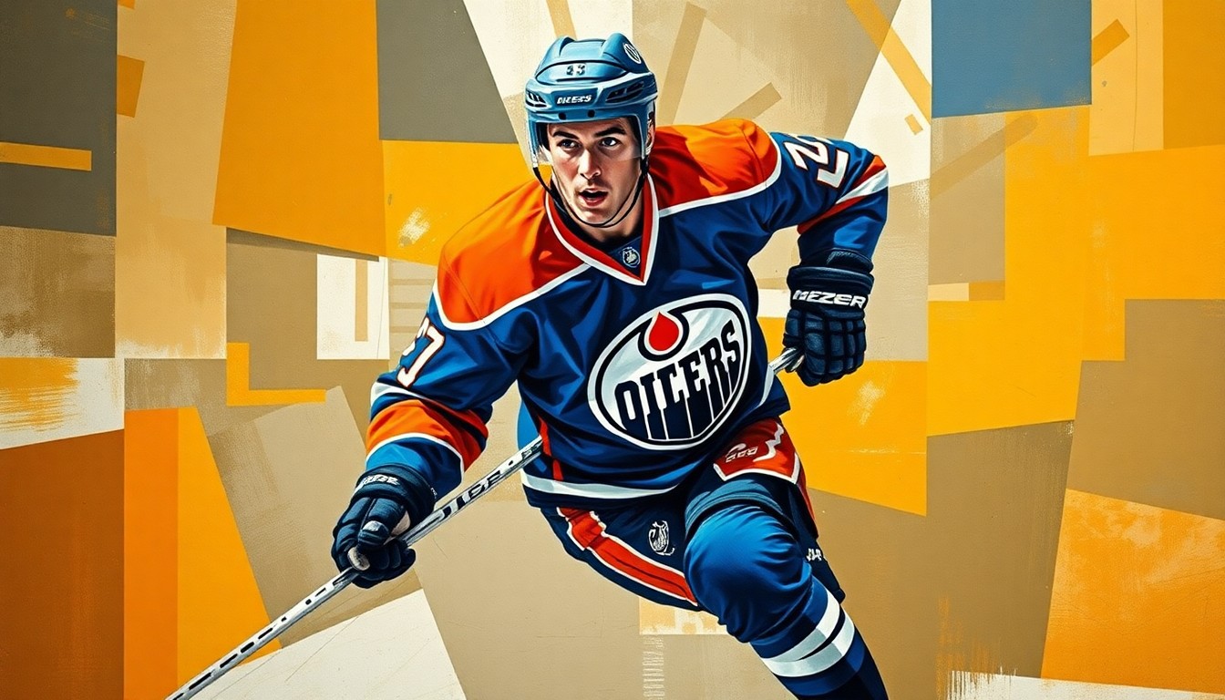 A cubist, geometric painting depicting a hockey player in action, with their jersey colors of blue and orange visible through the fractured, overlapping planes. The image captures the raw energy and intensity of playoff hockey.