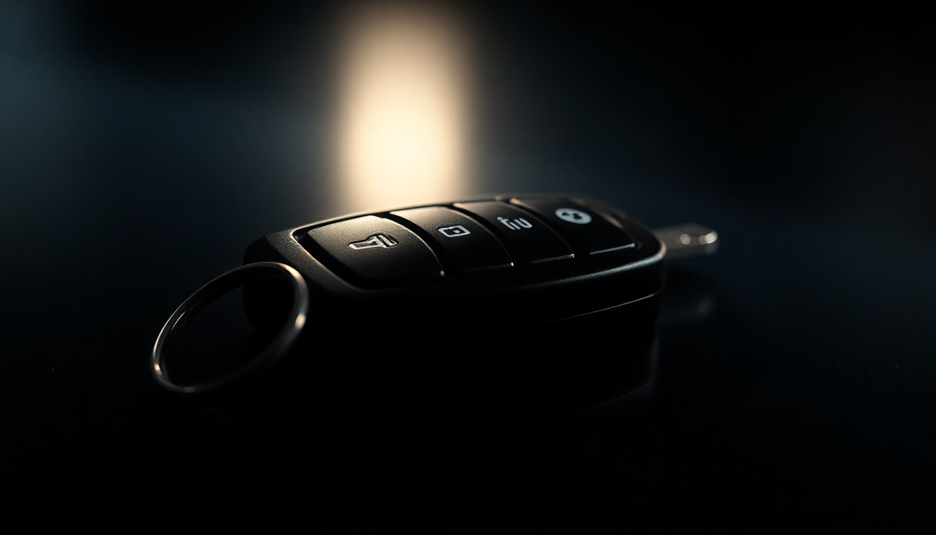 An extreme close-up photograph of a car key on a dark surface, lit by a harsh, direct camera flash, conceptually representing the dangers of drunk driving.