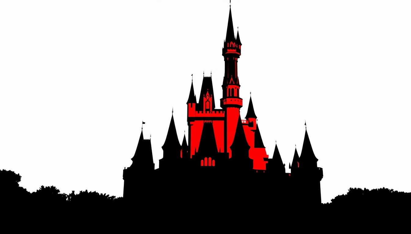 A dramatic black silhouette of the Cinderella Castle at Disney World, with a single bold red accent, conveying the concept of increasing costs and limited accessibility.