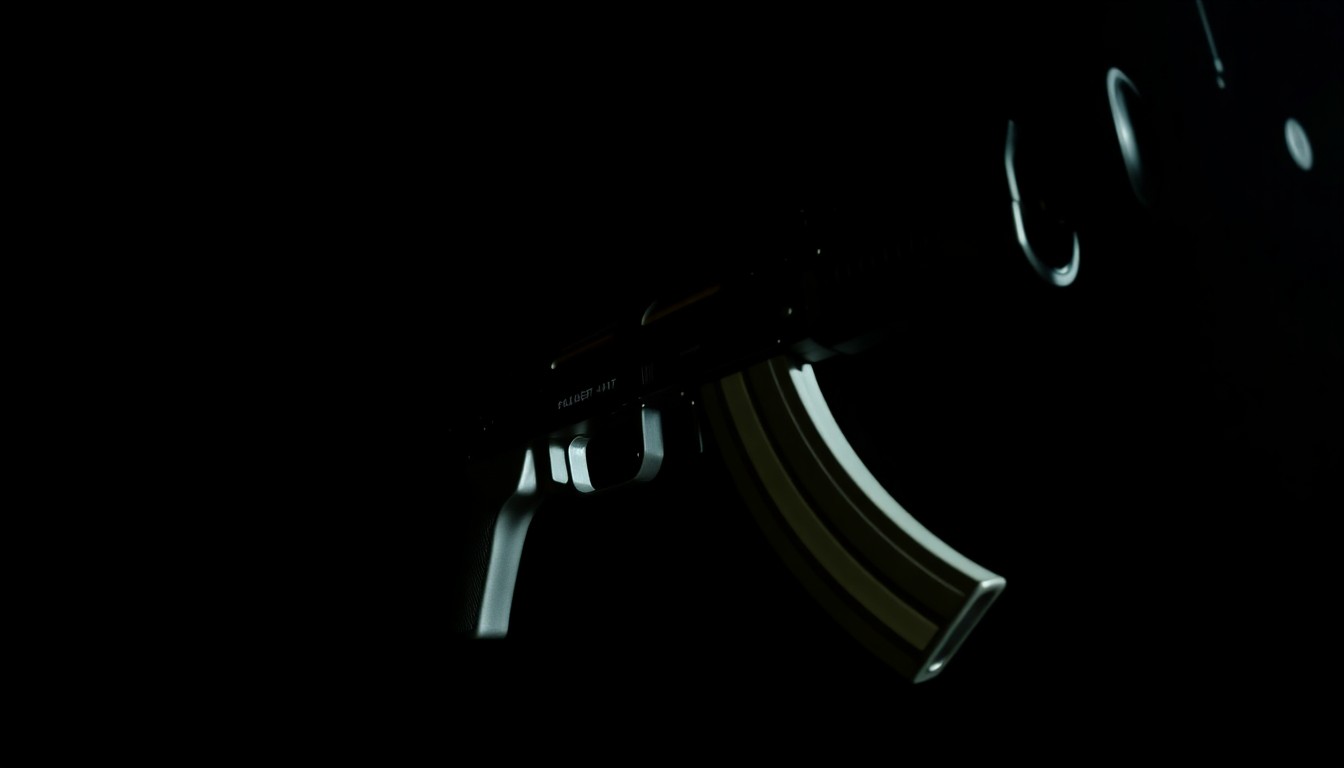 An extreme close-up photograph of an AK-47 pistol, its metallic surfaces and details dramatically illuminated by a harsh, direct camera flash against a pitch-black background, conceptually representing the gritty, investigative nature of the police raid.