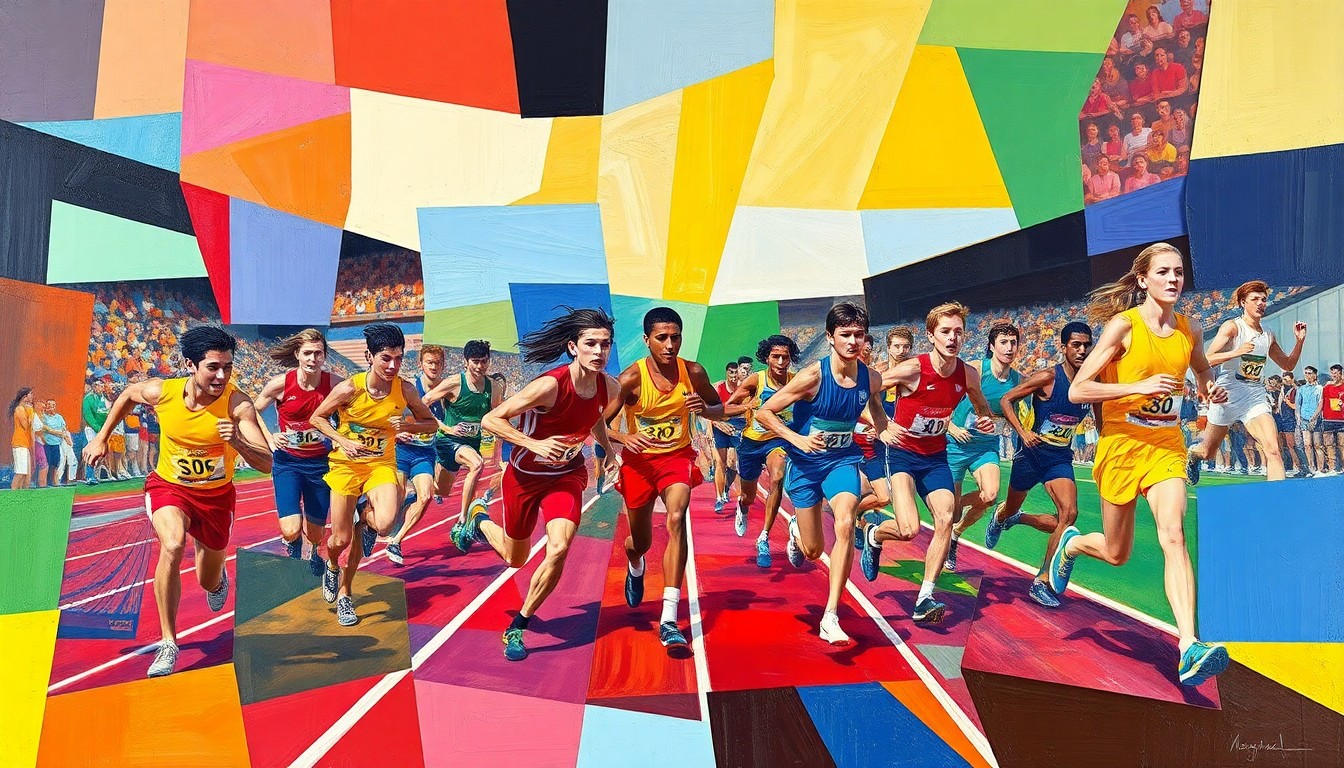 A cubist, geometric painting depicting a high school track and field competition, with overlapping planes of athletes in motion and vibrant colors representing the teams' official colors.