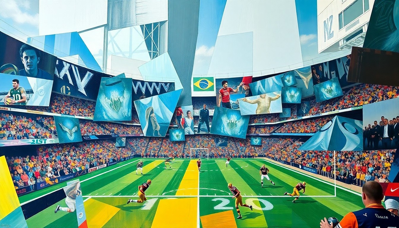 A cubist, geometric painting depicting a fragmented football game or match, with sharp, overlapping planes of color and form representing the action on the field.