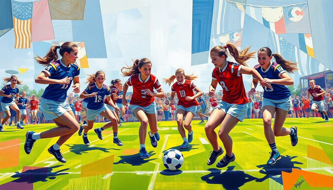 A fragmented, geometric painting depicting the dynamic movements and energy of a girls flag football game, with the players and ball represented as overlapping shapes in a vibrant color palette.