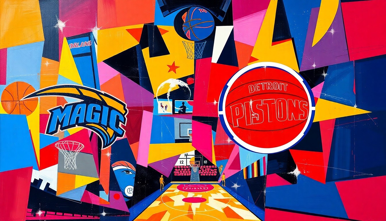 A fragmented, geometric painting depicting the action of a basketball game, with sharp planes of color representing the teams' official palettes in an abstract, cubist style.