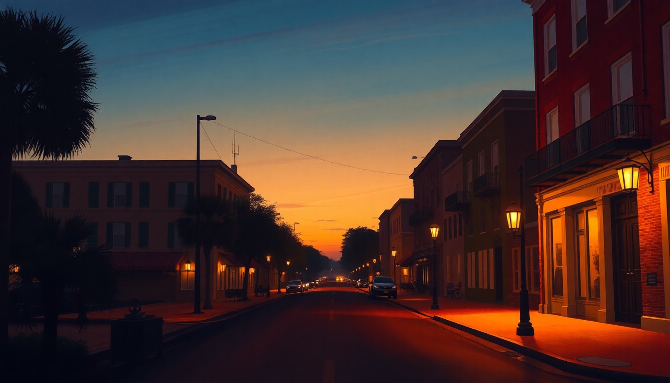A serene, painterly scene of a deserted Charleston city street at dusk, with warm sunlight casting long shadows across the pavement and buildings. The conceptual image evokes the political and economic challenges facing the proposed transportation sales tax measure.