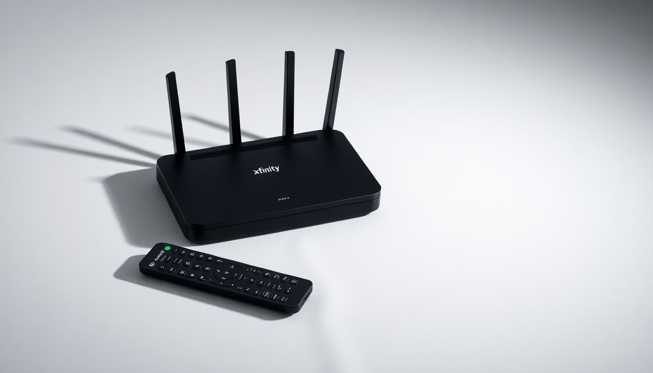 A high-end studio photograph featuring a sleek Xfinity router and remote control arranged on a clean white background, conveying the premium quality and reliability of Comcast's broadband services.