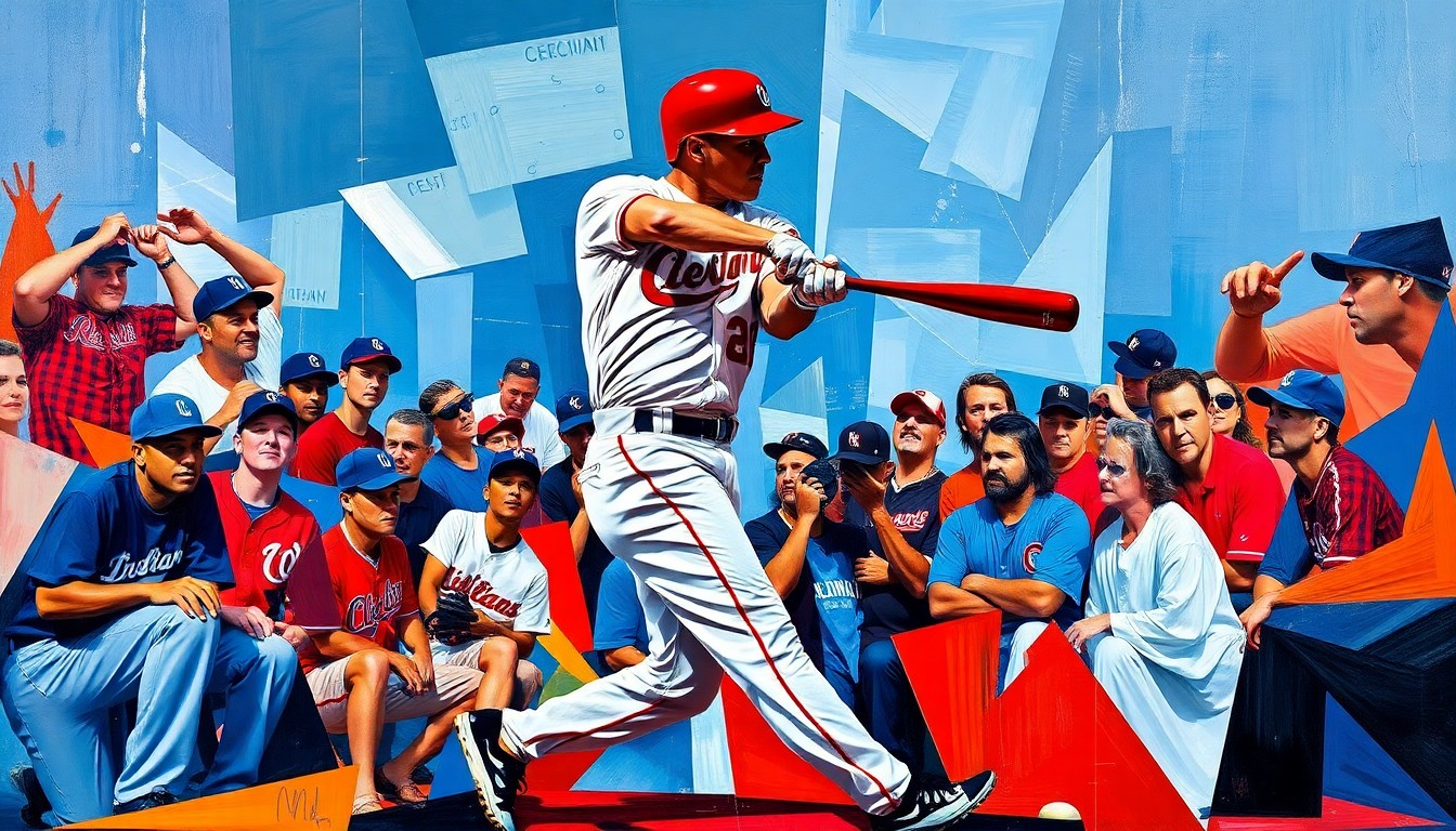 A cubist-style painting depicting the explosive, multi-angled motion of a baseball player's swing, with the vibrant colors of the Cleveland Guardians' uniform creating a dynamic, energetic composition.
