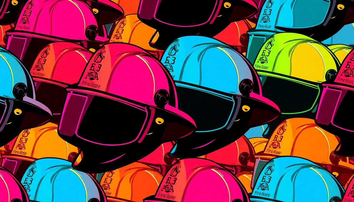 A brightly colored, high-contrast silkscreen print of a firefighter's helmet repeated in a tight grid pattern, conceptually representing the vibrant energy and community of the FDIC International conference.