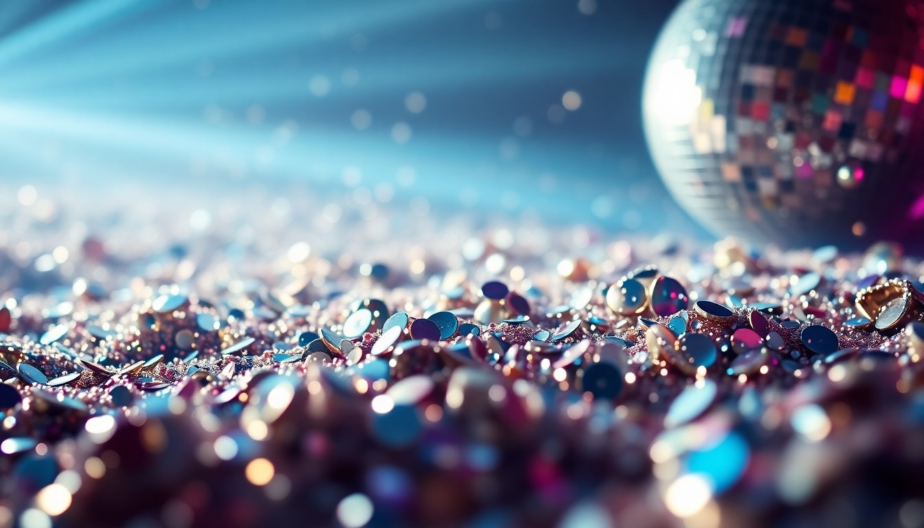 An extreme macro photograph of shimmering sequins and shattered disco ball shards, reflecting the vibrant energy and celebratory atmosphere of a major music performance.