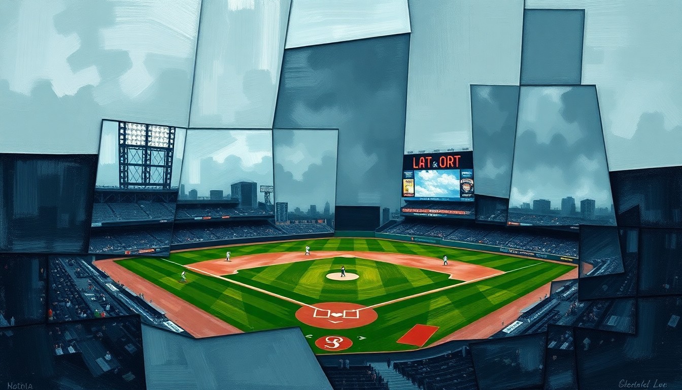A fragmented, geometric painting depicting a baseball game played in stormy conditions, with overlapping planes of muted colors representing the players, field, and elements of the weather.