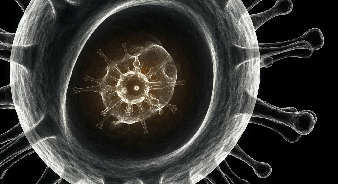 An extreme close-up X-ray image showing the ghostly, glowing internal structure of a measles virus particle against a dark background, conceptually illustrating the public health concerns surrounding the recent measles case.