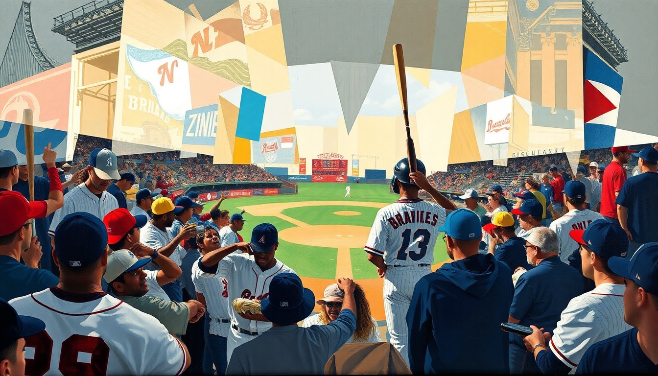 A fragmented, geometric painting depicting a key play or celebration from the Atlanta Braves, with the players and field broken down into sharp, overlapping shapes and planes of color.