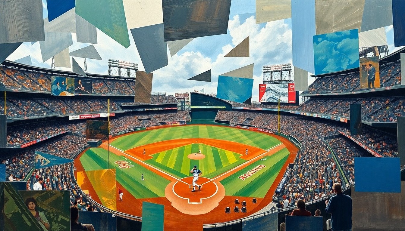 A dynamic, fragmented painting depicting baseball players, bats, and the field of play in an abstract, geometric style, conveying the intensity and drama of the game.