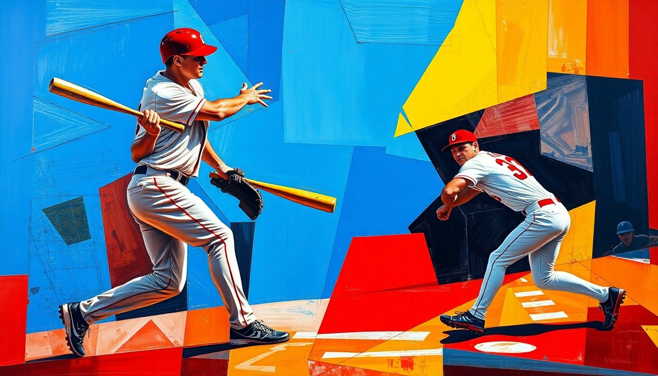 A fragmented, geometric painting depicting the motion and energy of a baseball player striking out and a baserunner being caught stealing, with vibrant colors and an abstract, deconstructed style.