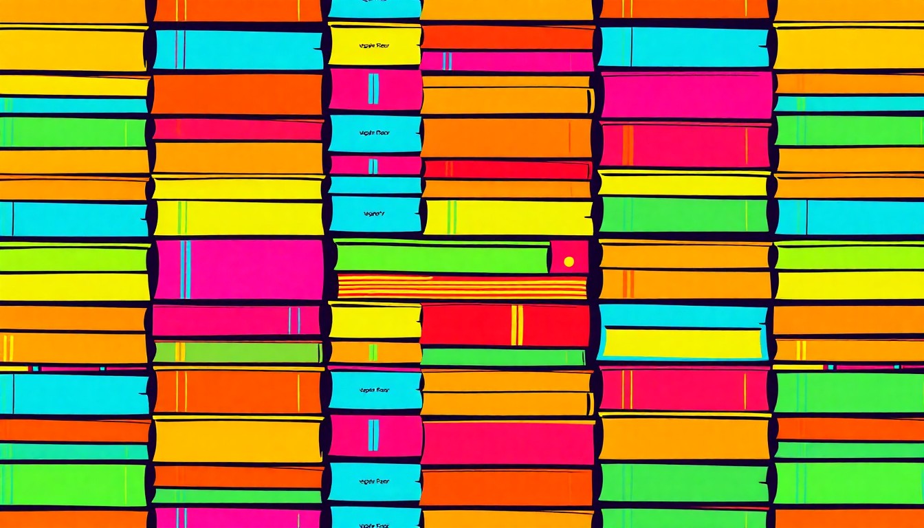A bold, colorful silkscreen-style illustration featuring a repeating grid of stylized book shapes in bright neon hues, conceptually representing the energy and creativity of a reading-focused school competition.