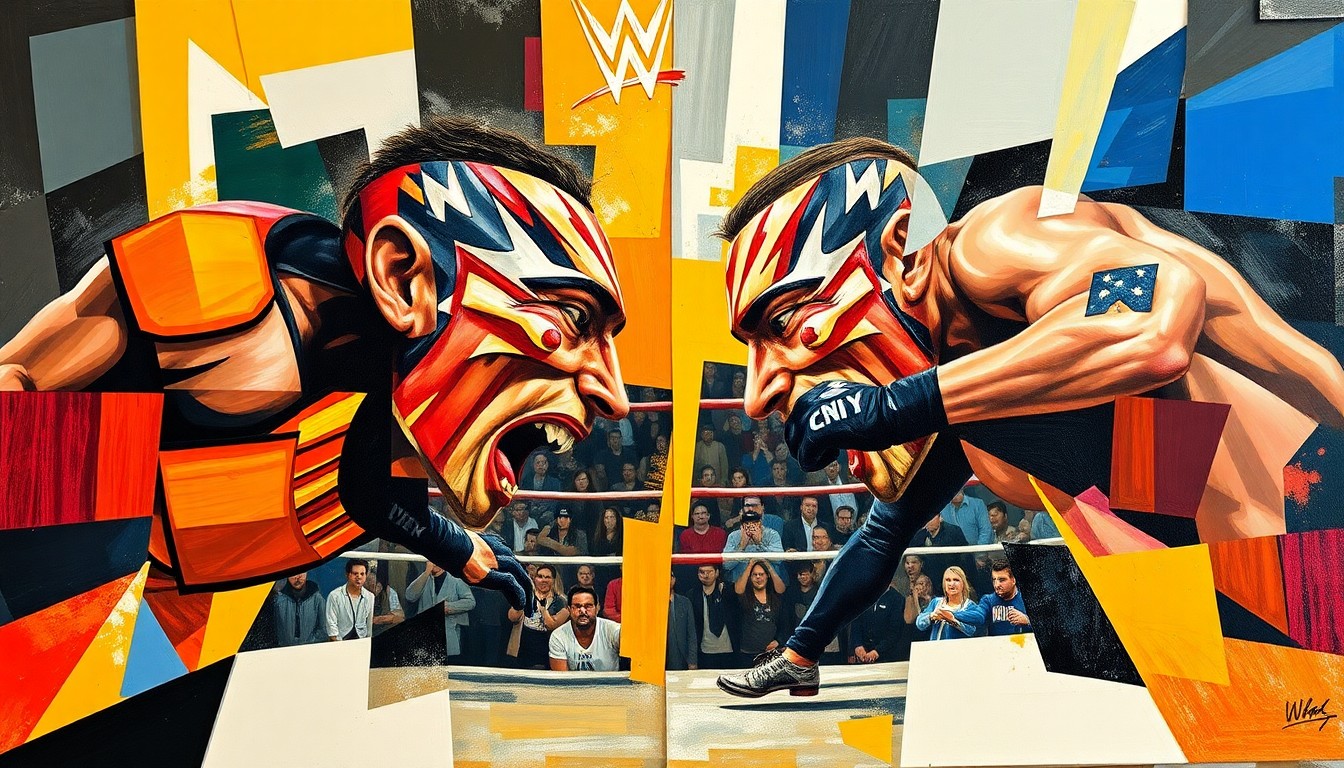 A cubist, geometric painting depicting the chaotic action of the WrestleMania 42 main event between Cody Rhodes and Randy Orton, with sharp, overlapping planes of color and form representing the intensity of the match.