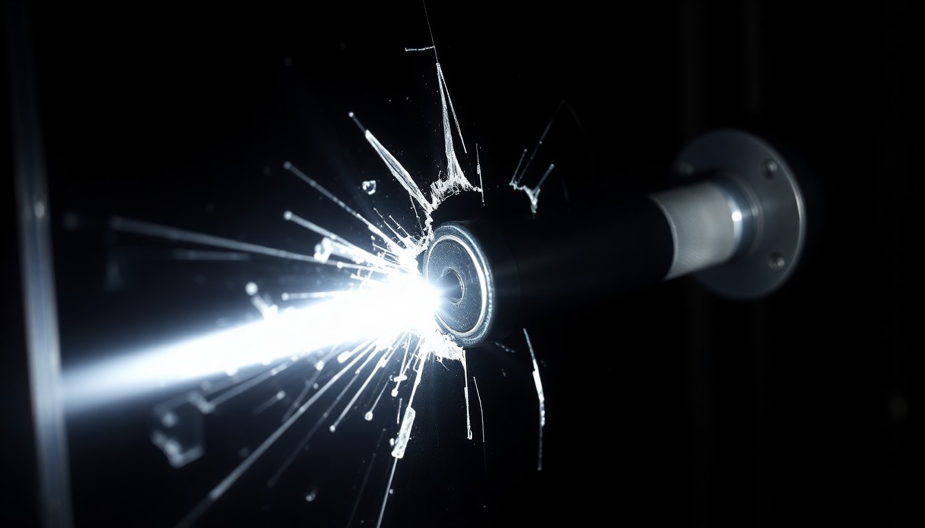 An extreme close-up photograph of a broken window lock or shattered glass from a home burglary, capturing the stark, gritty, and investigative aesthetic of the crime scene.