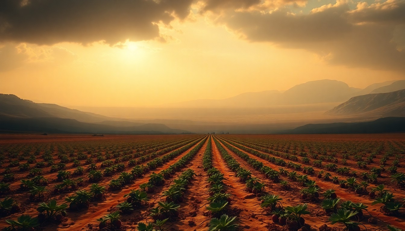 A vast, atmospheric landscape painting depicting a parched, sun-baked field of strawberry plants dwarfed by a dramatic, hazy sky, conveying the overwhelming scale and impact of the ongoing drought.
