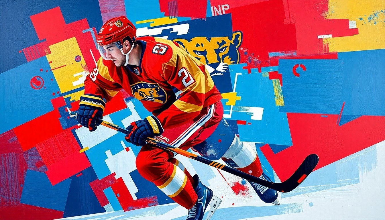 A fractured, multi-perspective painting depicting a hockey player in motion, with sharp geometric planes in the team colors of the Florida Panthers - red, blue, and gold - conceptually representing the dynamic nature of the sport.
