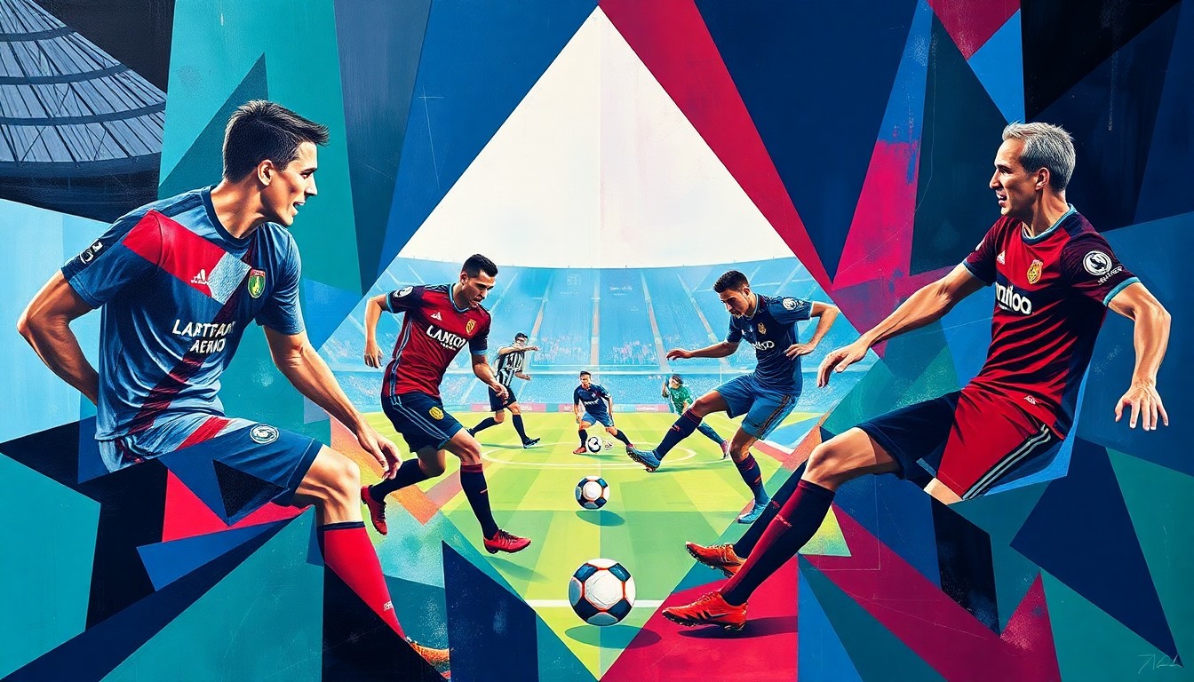 A cubist, geometric painting depicting the dynamic action of a soccer match between LAFC and San Jose Earthquakes, with the players' forms abstracted into sharp, overlapping shapes in a vibrant color palette.