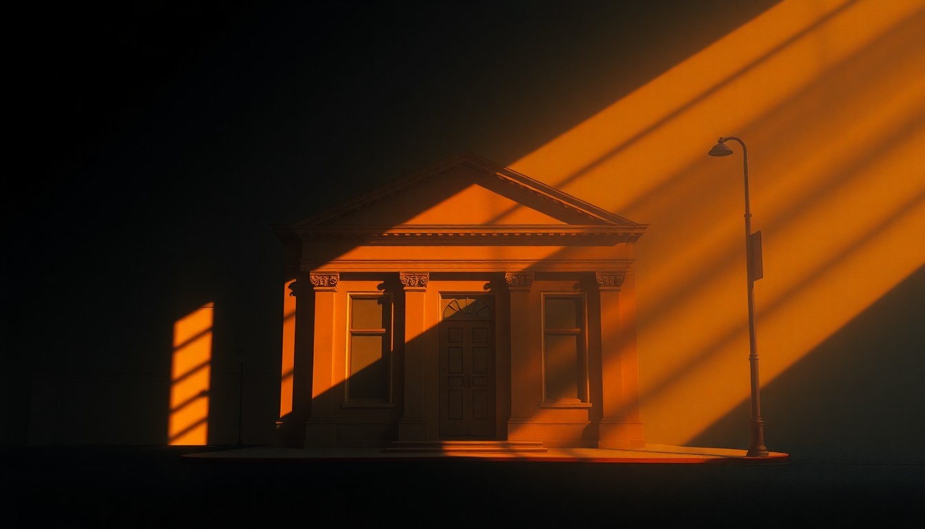 A serene, photorealistic painting of a municipal building in warm, golden light, capturing the quiet dignity and civic purpose of local government administration.