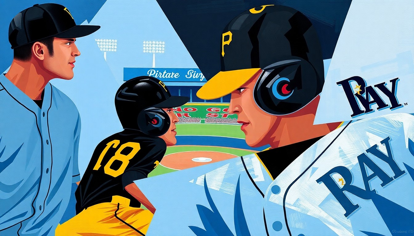 A cubist-style painting featuring fragmented, overlapping geometric shapes in the Pirates' black and gold colors and the Rays' navy and powder blue, capturing the energy and action of a baseball game between the two teams.