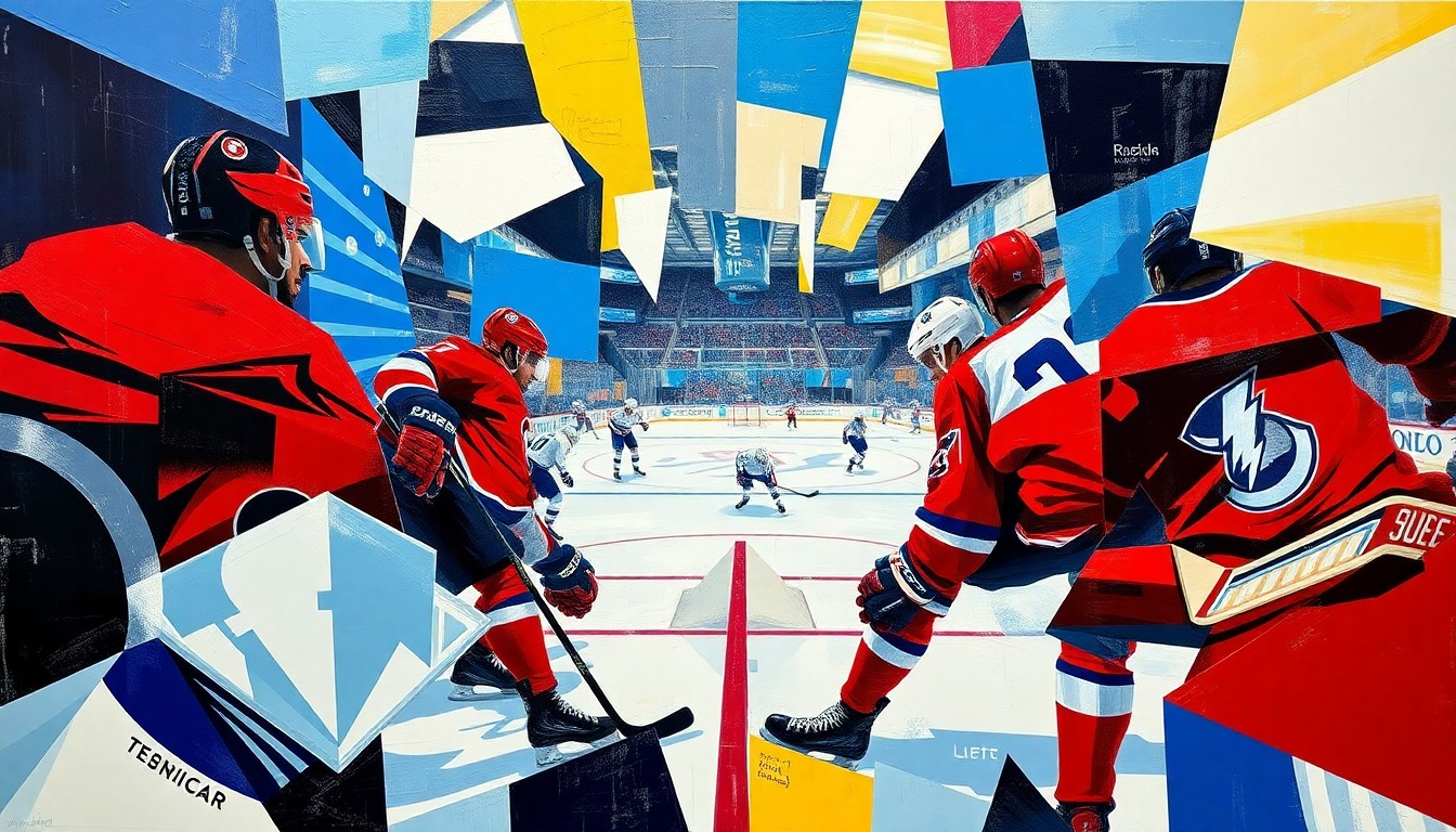 A cubist, geometric painting depicting a hockey game between the Montreal Canadiens and Tampa Bay Lightning, with the players and action broken down into sharp, overlapping planes of vibrant blue, red, and white colors.