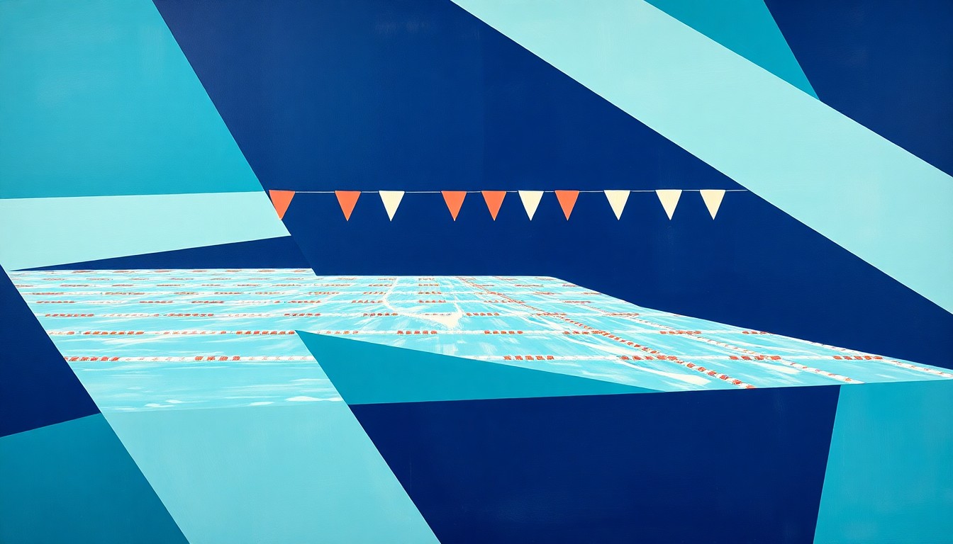 A cubist, geometric painting depicting the chaotic energy of a college swim meet, with overlapping planes of navy, teal, and white representing the fractured nature of the program's coaching transition.