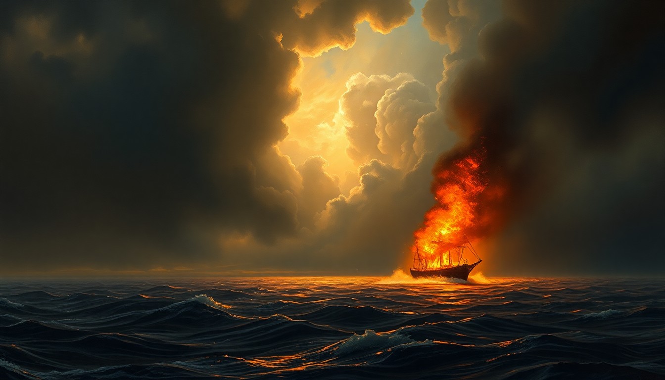 A sweeping, atmospheric landscape painting depicting a small, burning boat on a vast, turbulent body of water, with the fire's glow reflected in the choppy waves and dark, ominous clouds overhead conveying the power and danger of the natural environment.