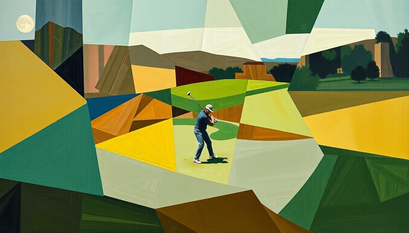 A cubist, geometric painting depicting a fragmented golf game, with overlapping planes of earthy greens, browns, and blues conveying the dynamic energy of the sport.
