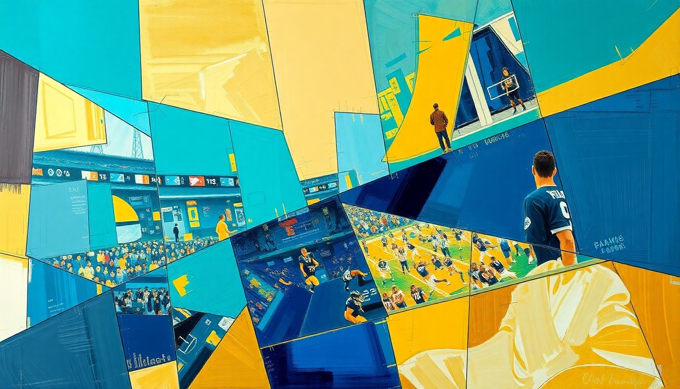 A fragmented, geometric painting in bold blues, greens, and golds, conceptually representing the strategic decisions the Jaguars must make with their second-round draft selection.