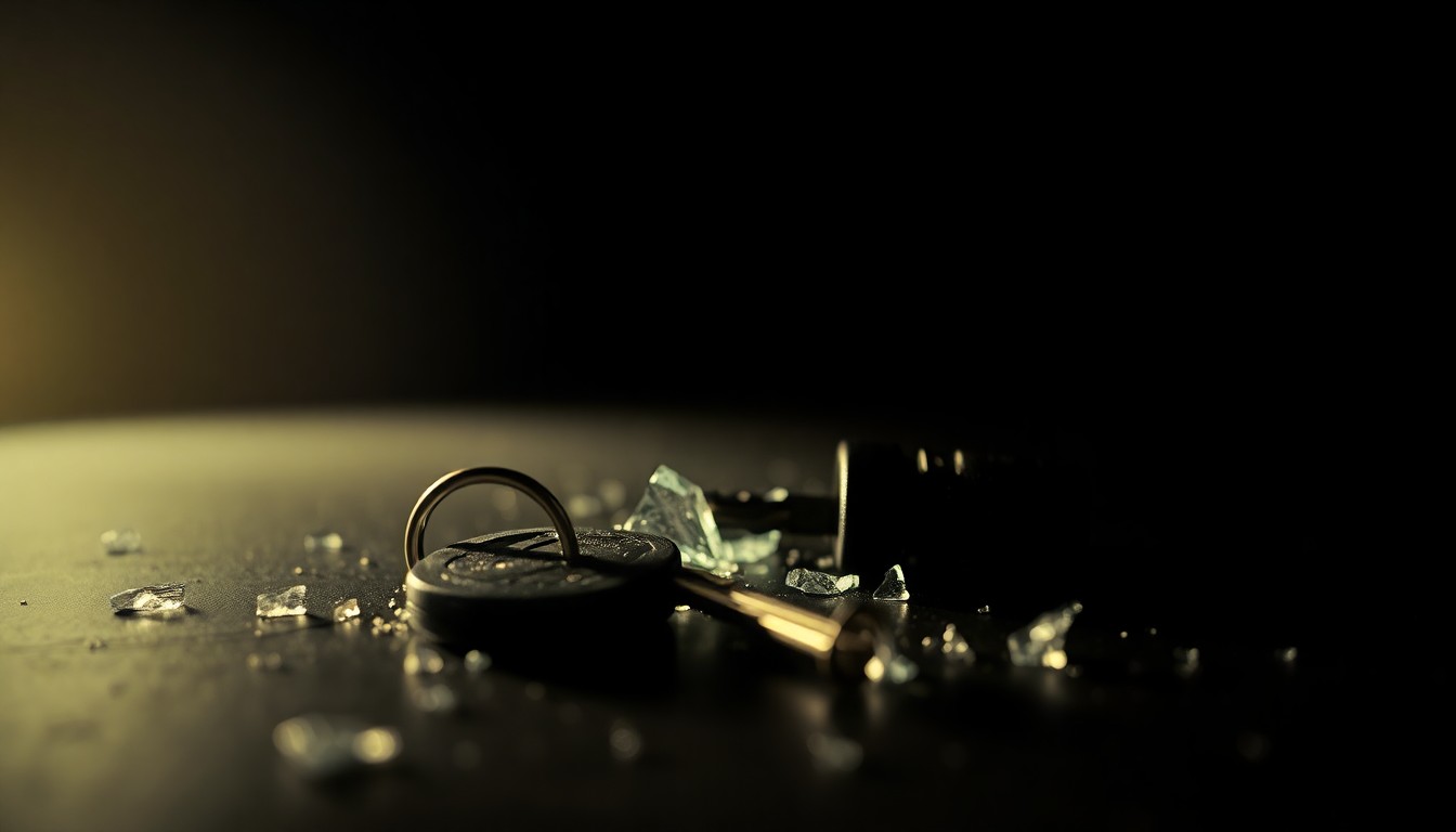 An extreme close-up of a car key and shattered glass, captured in dramatic black and white with harsh flash lighting, conveying the gritty aftermath of a violent incident related to a failed car transaction.