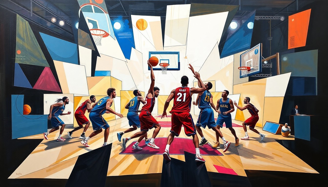A fractured, multi-perspective painting depicting a basketball practice scene, with the players' movements and actions broken down into sharp, overlapping geometric shapes and planes in a cubist style, capturing the energy and intensity of the Dallas Wings' training camp.