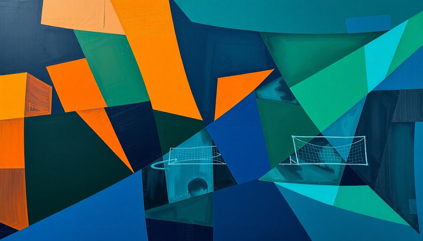 A fragmented, cubist-style painting depicting a football game, with sharp geometric shapes in navy, green, and orange overlapping to create a dynamic, deconstructed visual representation of the sport.