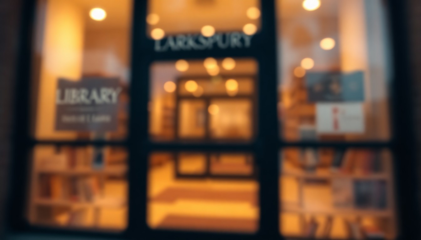 An abstract, out-of-focus photograph of the exterior of a library building, with soft, warm pools of light and color creating a dreamlike, atmospheric scene.