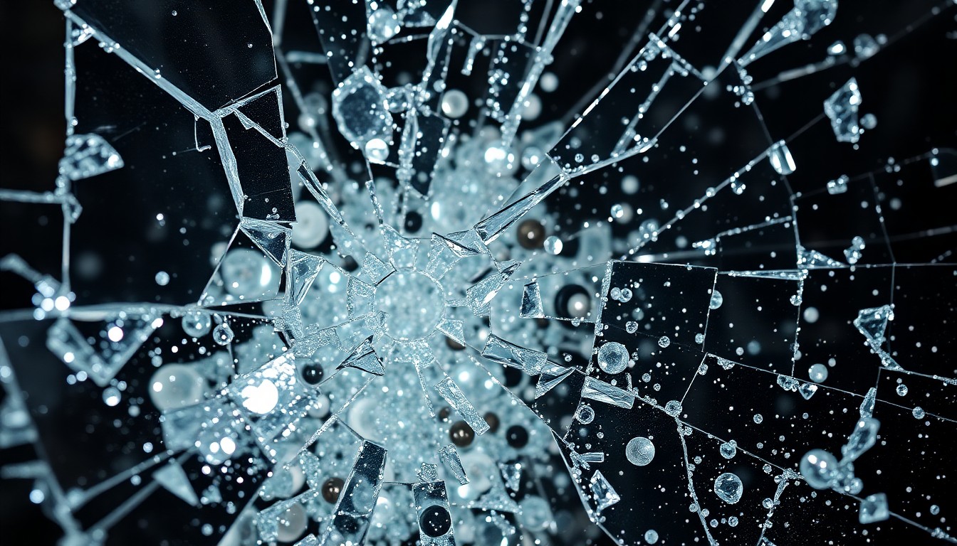 An abstract close-up image of shattered glass and glittering sequins, capturing the emotional intensity and high-stakes drama of celebrity relationships.