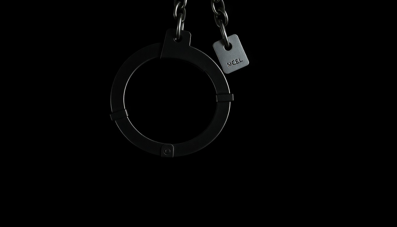 An extreme close-up photograph of a pair of handcuffs against a stark black background, conveying a sense of investigation and the gravity of the alleged crimes.