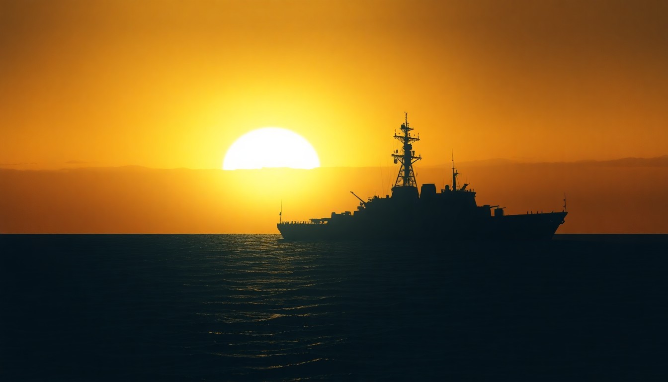 A serene, photorealistic painting of a Royal Navy warship sailing alone on a calm sea, with the horizon bathed in warm, golden light and deep shadows, conveying a sense of quiet vigilance and geopolitical unease.