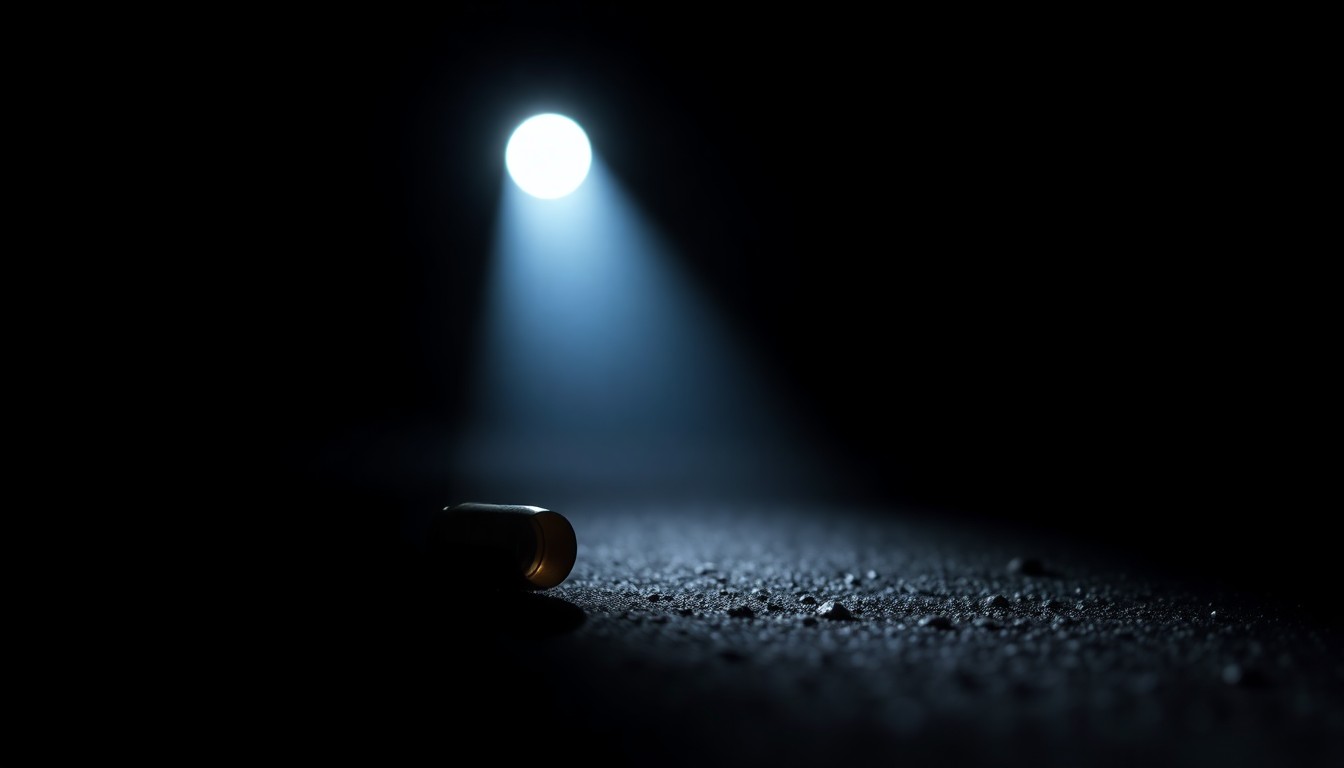 An extreme close-up photograph of a single bullet casing on the ground, lit by a harsh, direct camera flash against a pitch-black background, conveying a stark, gritty, and investigative mood without words.